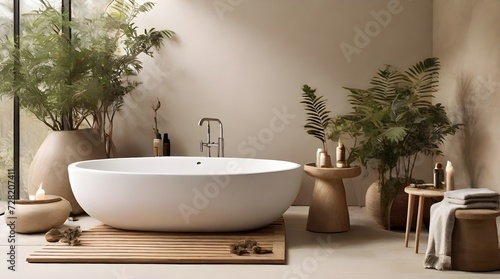 Natural Harmony  Bathing in a Nature-Inspired Bathroom - AI-Generated Relaxation Concept for a Tranquil and Organic Experience