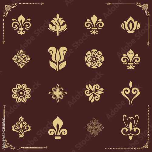 Obraz na płótnie Vintage set of brown and golden elements. Elements for backgrounds, frames and monograms. Classic patterns. Set of vintage patterns w salonie