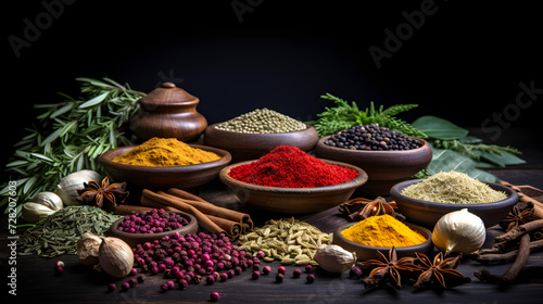 Different spices and aromatic herbs on a dark table