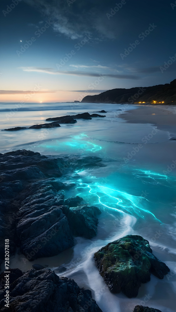 Moonlit Beach with Glowing Bioluminescent Waves
Moonlit Beach with Glowing Bioluminescent Waves