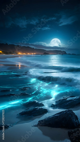 Moonlit Beach with Glowing Bioluminescent Waves 