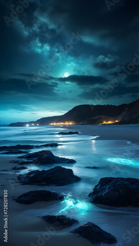 Moonlit Beach with Glowing Bioluminescent Waves  © Gohgah
