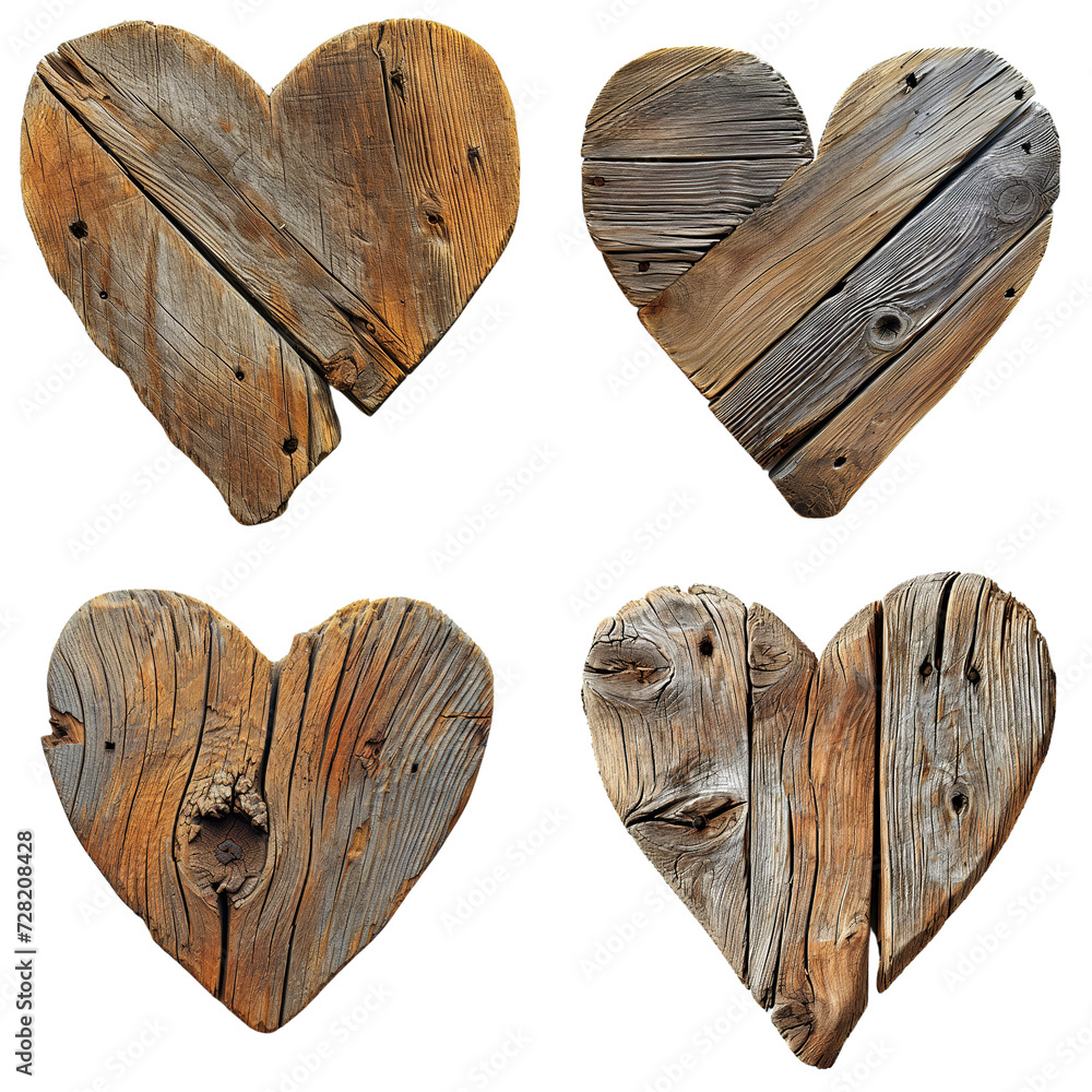 A rustic heart symbol, crafted from aged barn wood, with visible grain ...