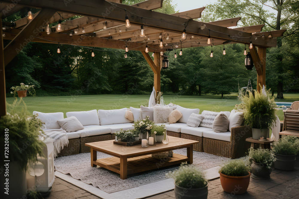 Fototapeta premium Cozy outdoor patio setup with comfortable seating and string lights
