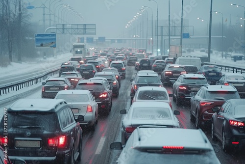 Modern cars are stuck in a traffic jam on a highway in winter.