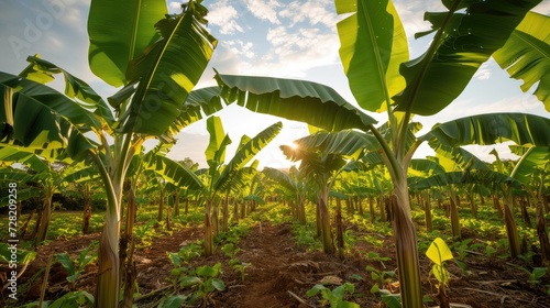 Banana tree plantation in nature with daylight. Industrial scale banana cultivation for worldwide export. photo