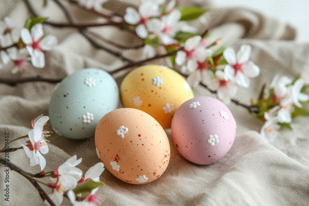 Obraz premium Colorful eggs and spring flowers on rustic table