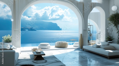 A living room facing the ocean in Greek island