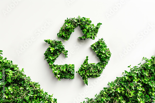 Green recycle symbol surrounded by fresh leaves, white background