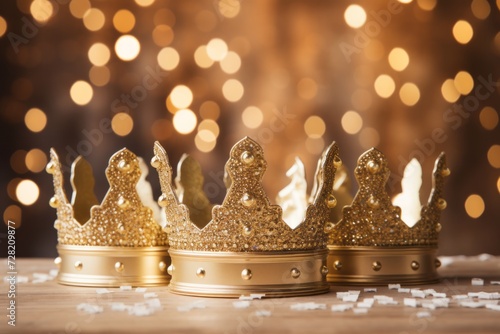 Happy Epiphany day. Three royal crowns on golden bokeh background