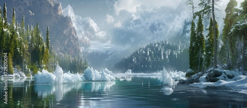 Nature: Majestic Icebergs Surrounding Serene Lake in Enchanting Forest Landscape