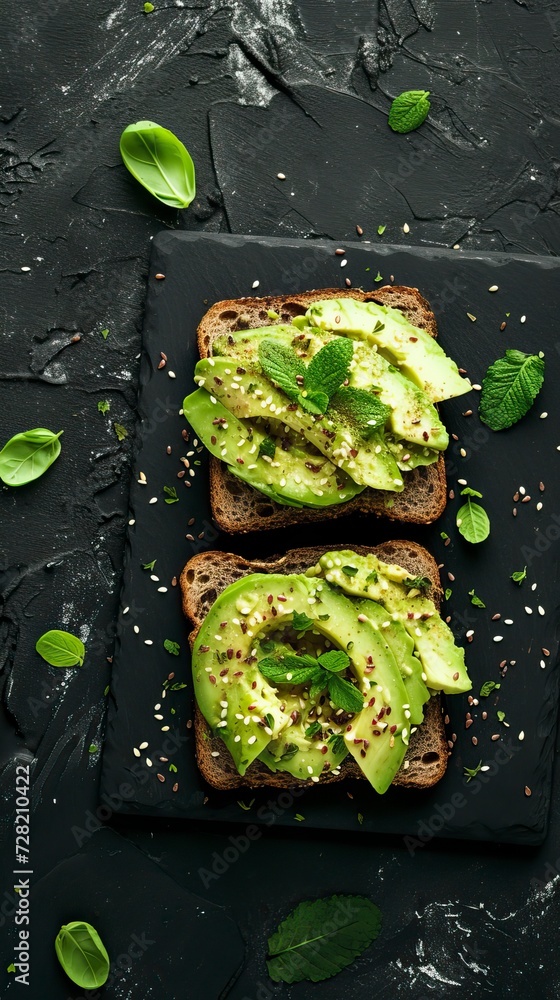 Avocado Toast , Black Surface Table, minimalistic decor Avocado Toast , Black Surface Table, minimalistic decor