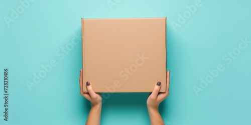 Top view to female hand holding brown cardboard box on light blue background. Mockup parcel box. Packaging, shopping, delivery concept photo