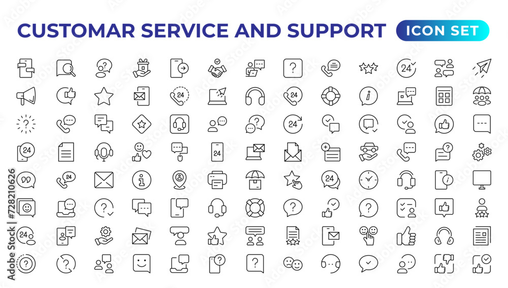 Customer service icon set.Contains customer satisfaction, assistance,experience, operator, and technical support icons. Solid collection.Simple Set of Help Support Related Vector Line Icons.