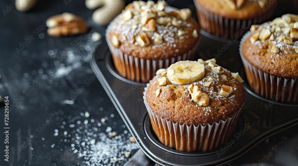 Banana Nut Muffins, Black Surface Table, minimalistic decor Banana Nut Muffins, Black Surface Table, minimalistic decor