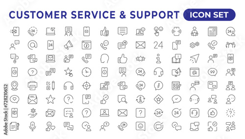  Customer service icon set.. Contains customer satisfaction  assistance . experience  operator  and technical support icons. .Solid collection.Simple Set of Help Support Related Vector Line Icons.  
