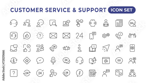 "Customer service icon set.. Contains customer satisfaction, assistance,. experience, operator, and technical support icons. .Solid collection.Simple Set of Help Support Related Vector Line Icons. "