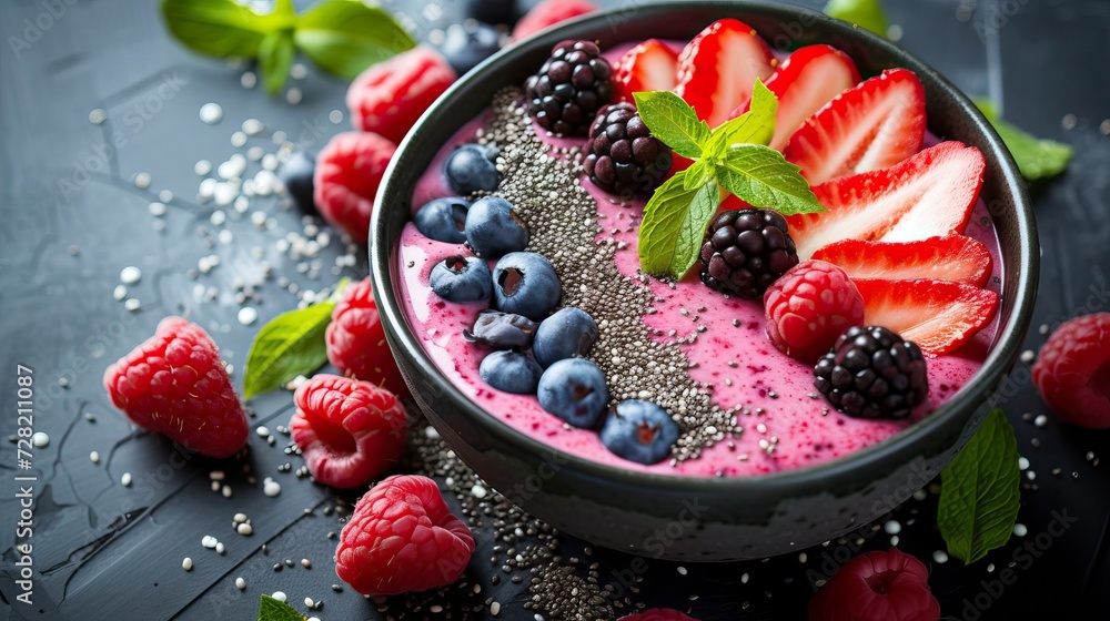 Chia Seed and Berry Smoothie Bowl, Black Surface Table, minimalistic decor Chia Seed and Berry Smoothie Bowl, Black Surface Table, minimalistic decor