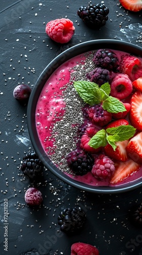 Chia Seed and Berry Smoothie Bowl, Black Surface Table, minimalistic decor 