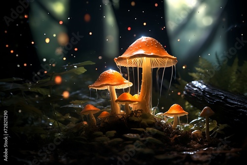 beautiful closeup of forest mushrooms in grass  autumn season. little fresh mushrooms  growing in Autumn Forest. mushrooms and leafs in forest. Mushroom picking concept. Magical 