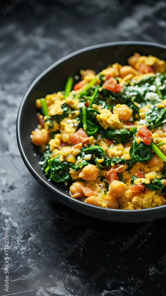 Chickpea and Spinach Scramble, Black Surface Table, minimalistic decor Chickpea and Spinach Scramble, Black Surface Table, minimalistic decor