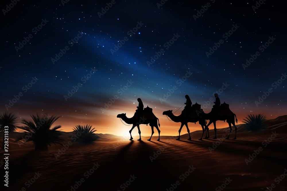 Fototapeta premium Silhouette of Three wise men riding a camel along the star path. To meet Jesus at first birth