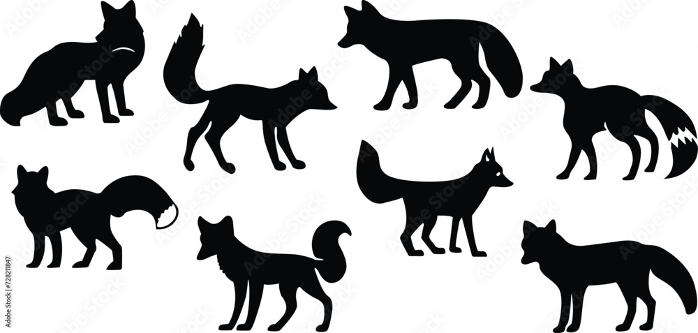 Set of foxes. Fox silhouettes set. Vector illustration