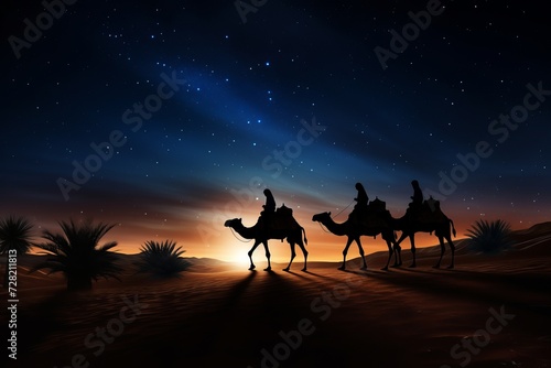 Silhouette of Three wise men riding a camel along the star path. To meet Jesus at first birth © Denis
