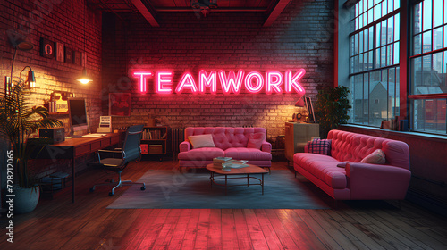 Neon    TEAMWORK    sign inside modern office - motivational - Teambuilding - design and decor - corporate slogan