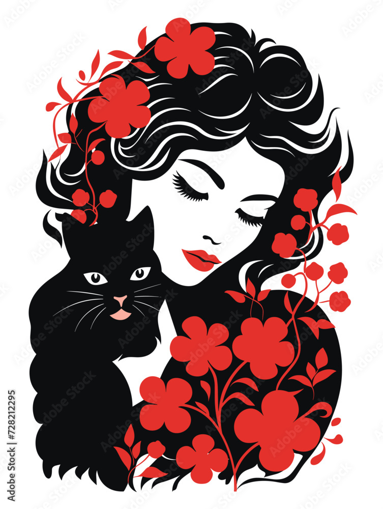 Fototapeta premium beautiful portrait of a woman hugging cute cat vector illustration