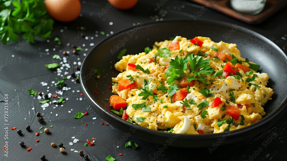 Egg and Veggie Scramble, Black Surface Table, minimalistic decor Egg and Veggie Scramble, Black Surface Table, minimalistic decor