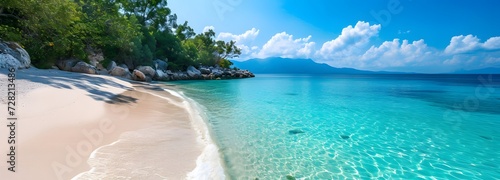Beautiful tropical beach along the coastline, seaside, side view of sandy beach. blue sky, background wallpaper. 