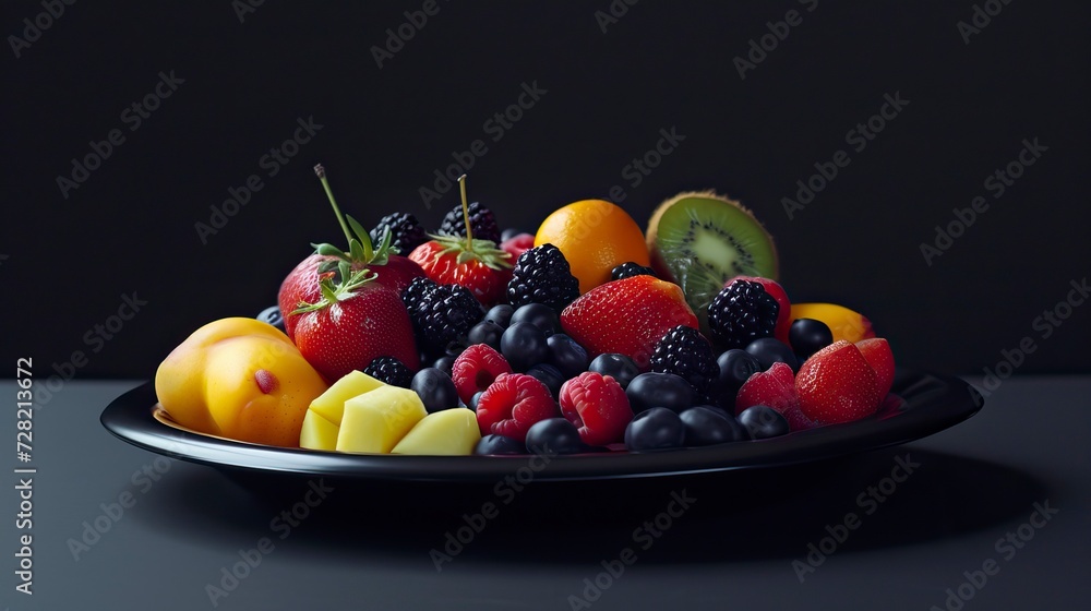 Fruit Salad, Black Surface Table, minimalistic decor Fruit Salad, Black Surface Table, minimalistic decor