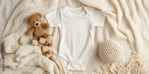 White cotton baby short sleeve bodysuit, teddy bear and natural wooden toy on beige blanket throw background. Infant onesie mockup. Blank gender neutral newborn bodysuit mock up template. Top view