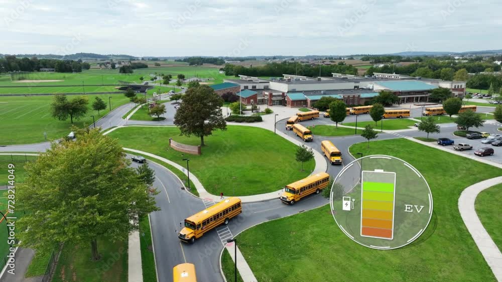Vidéo Stock Electric buses at school with battery status icon. Aerial of ecofriendly public