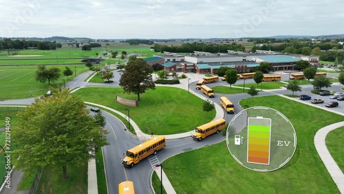Electric buses at school with battery status icon. Aerial of eco-friendly public transport of students in USA. Animated EV charging icon over drone shot of yellow buses leaving American school. photo