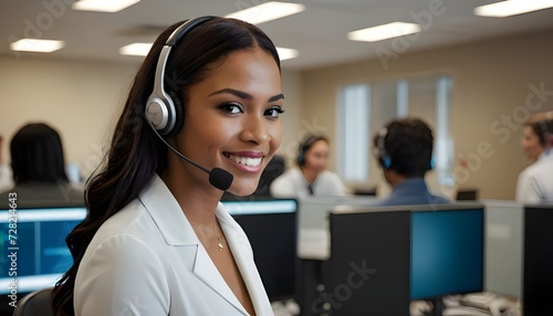 A smiling call center worker answers the call and provides the service with kindness and attention. photo