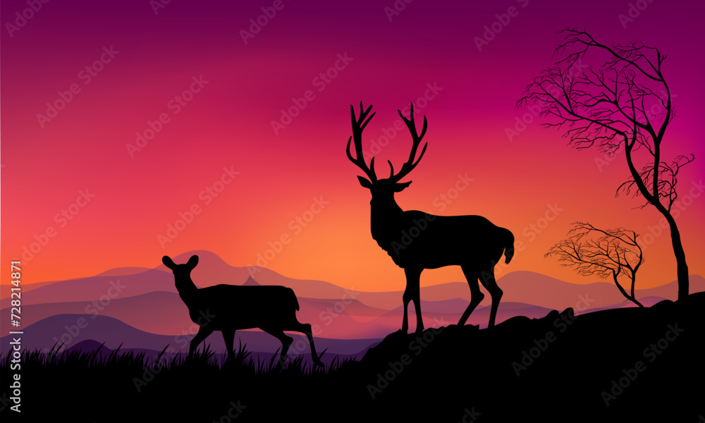 Nature landscape, mountain, hill, trees, on summer view silhouette deer animal vector ilustration background. Nature landscape, mountain, hill, trees, on summer view silhouette deer animal vector ilustration background.