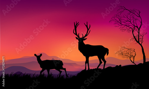 Nature landscape, mountain, hill, trees, on summer view silhouette deer animal vector ilustration background.