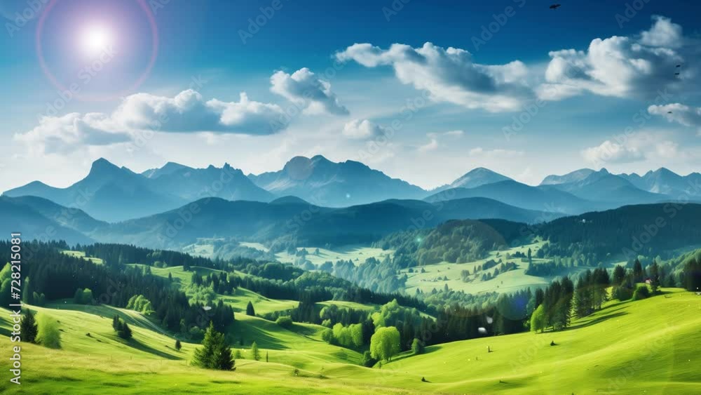beautiful summer panoramic landscape in mountains. landscape with mountains and blue sky. seamless looping overlay 4k virtual video animation background beautiful summer panoramic landscape in mountains. landscape with mountains and blue sky. seamless looping overlay 4k virtual video animation background