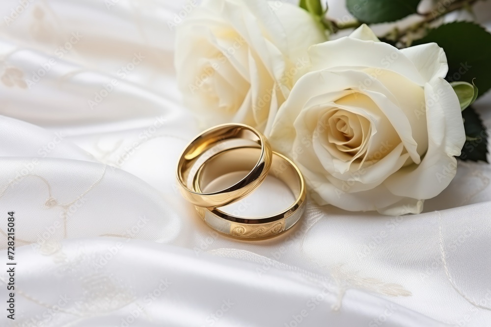 Wedding gold rings on white silk fabric with rose flowers Wedding gold rings on white silk fabric with rose flowers