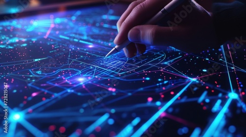 Tight shot of a persons hand using a stylus to draw lines and shapes on a touch screen creating visualizations and yzing data in real time. photo