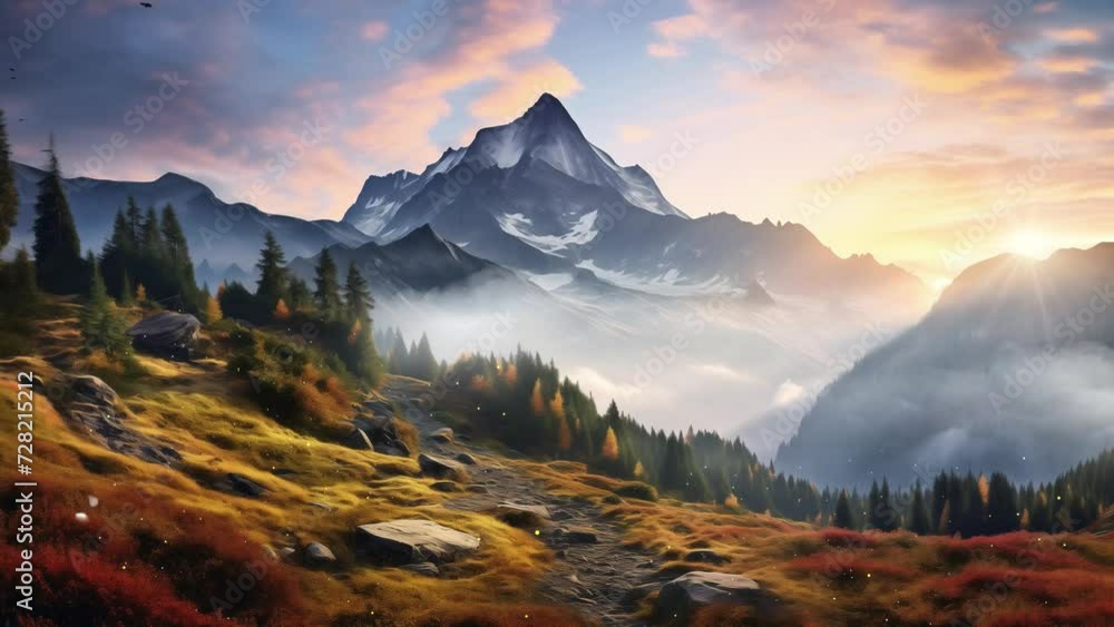 autumn mountains at sunrise. beautiful nature scene. seamless looping overlay 4k virtual video animation background autumn mountains at sunrise. beautiful nature scene. seamless looping overlay 4k virtual video animation background