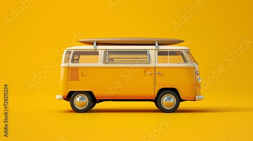 Yellow Camper surf van with surfboards isolated on yellow background. retro bus, side view. copy space.