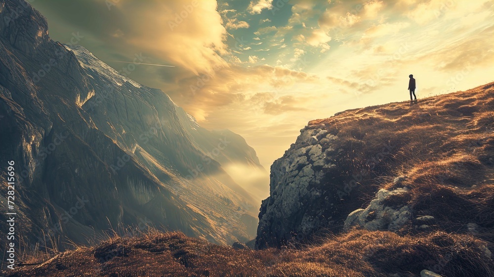 A solitary figure stands on a grassy ridge, gazing at a dramatic mountain landscape. The sun, hidden behind cloud cover, casts a warm golden light across the scene. The majestic mountainside to the le - obrazy, fototapety, plakaty 