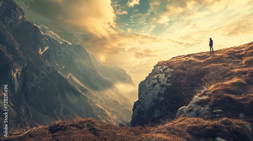 A solitary figure stands on a grassy ridge, gazing at a dramatic mountain landscape. The sun, hidden behind cloud cover, casts a warm golden light across the scene. The majestic mountainside to the le photo