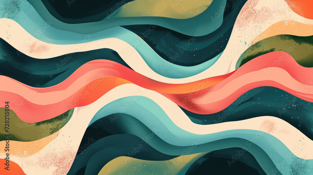 Groovy psychedelic abstract wavy background with rough texture combined with retro colors teal blue, peach pink, and olive green