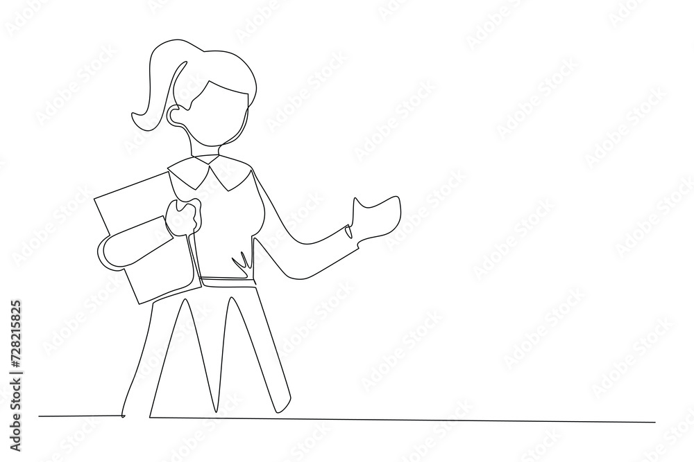continuous line drawing of businesswoman holding briefcase with documents. Entrepreneur has a new business branch happiness. One line vector illustration continuous line drawing of businesswoman holding briefcase with documents. Entrepreneur has a new business branch happiness. One line vector illustration