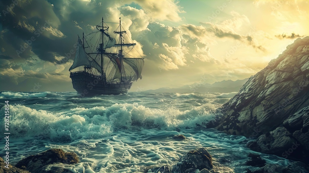 A large, old-fashioned sailing ship with three masts and fully unfurled sails navigates choppy seas near a rocky coastline. The sun sits low in the hazy sky, casting a warm glow and creating dramatic 