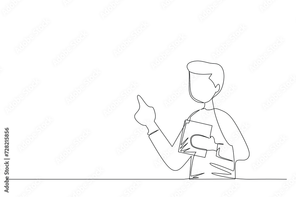 Single line drawing office workers standing with a document and pointing.  Young businessman cartoon character in flat style. Modern continuous line draw design graphic vector illustration